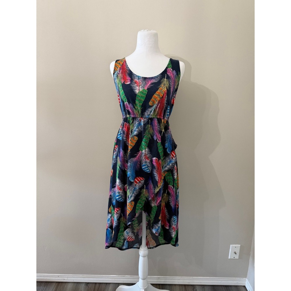 Colorful Feather Print Sleeveless Dress - Small